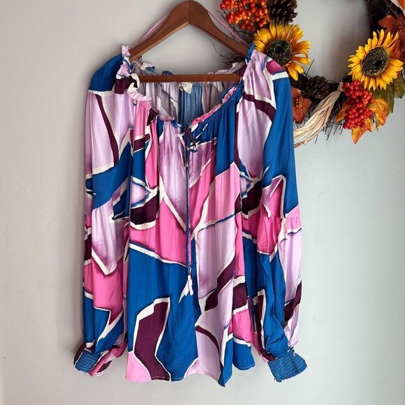 Blu Pepper Do It All Abstract Blouse 2X Pink Purple Long Sleeve - Picture 1 of 9